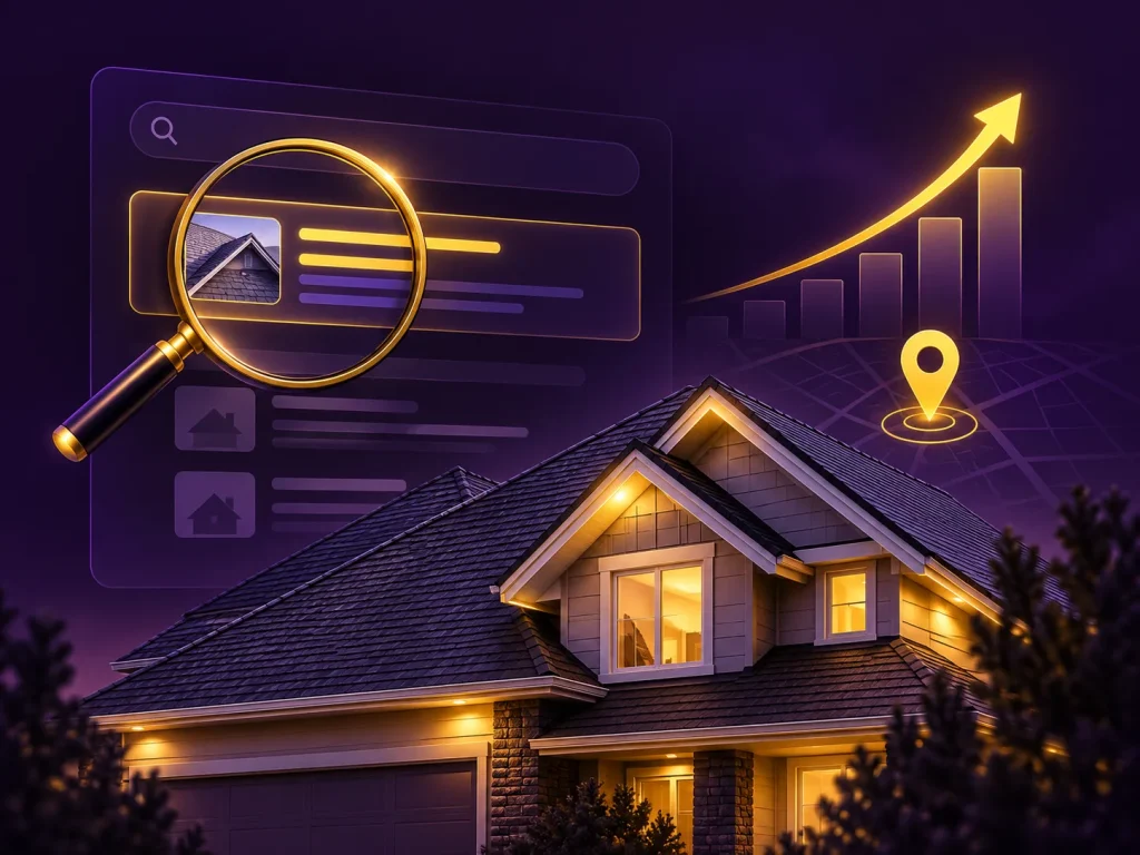 roofing SEO image using a dark-purple theme with yellow highlights