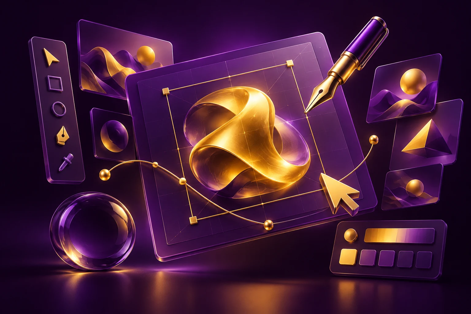 Purple creative artboard with yellow design tools and alternative advertising concepts