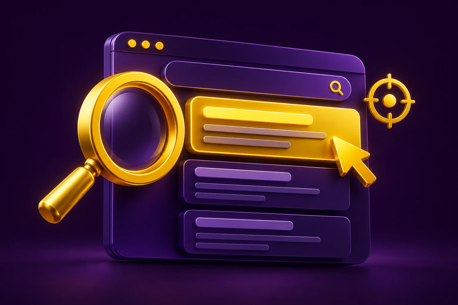 Search advertising cards with a yellow magnifying glass and sponsored result illustration