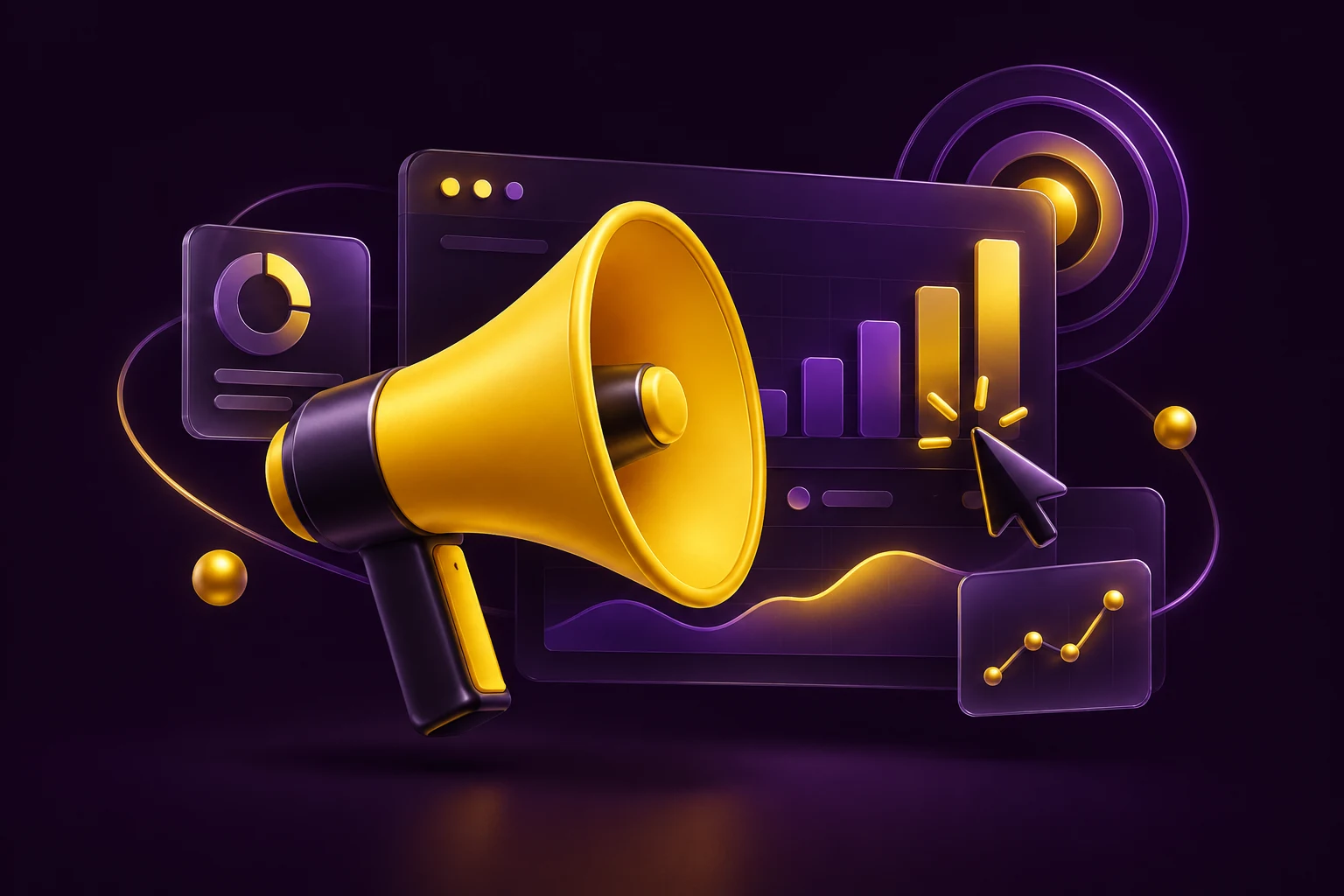 Yellow megaphone, advertising dashboard and targeting rings on a dark purple background