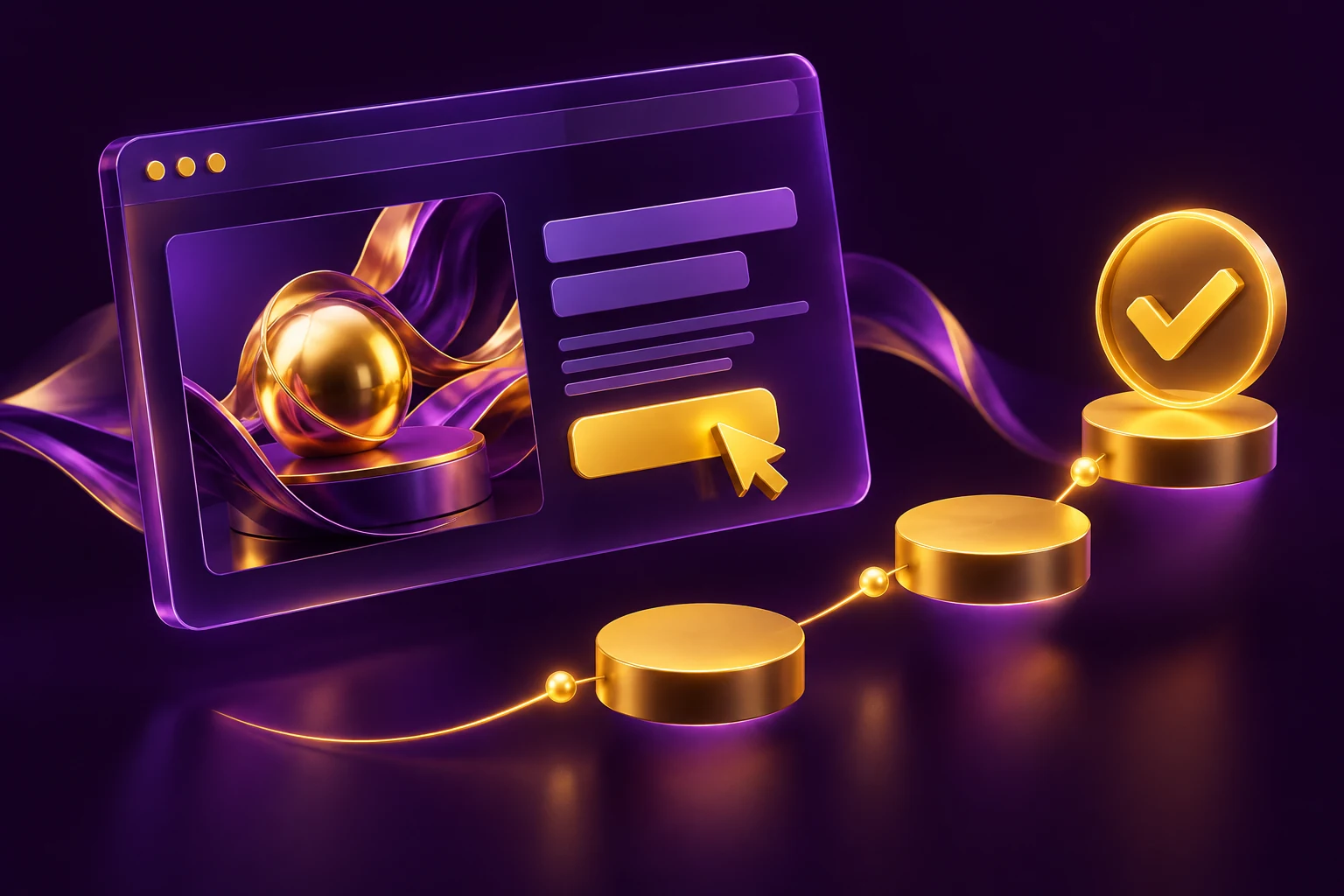 Purple landing page mockup with a yellow call to action and conversion path