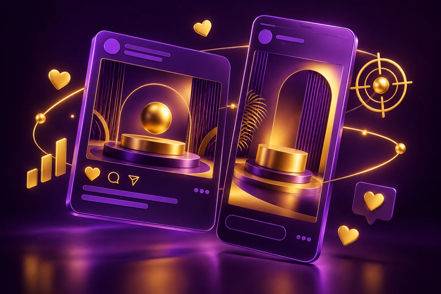 Purple social advertising feed and story cards with yellow audience targeting accents