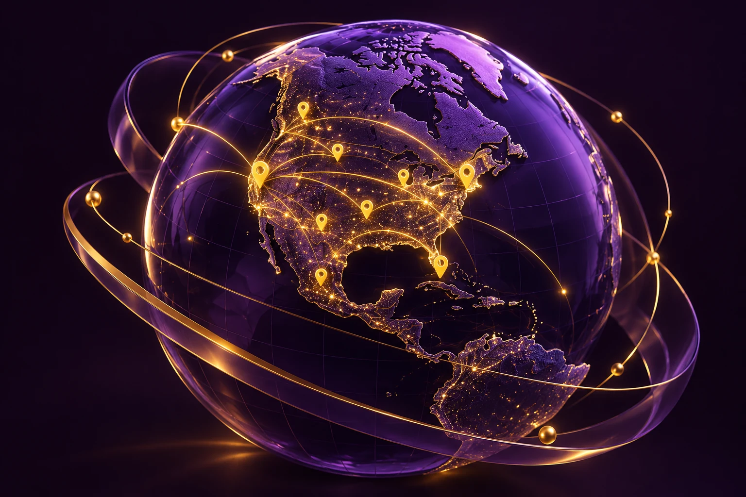 Purple globe showing North America with yellow location pins and network connections