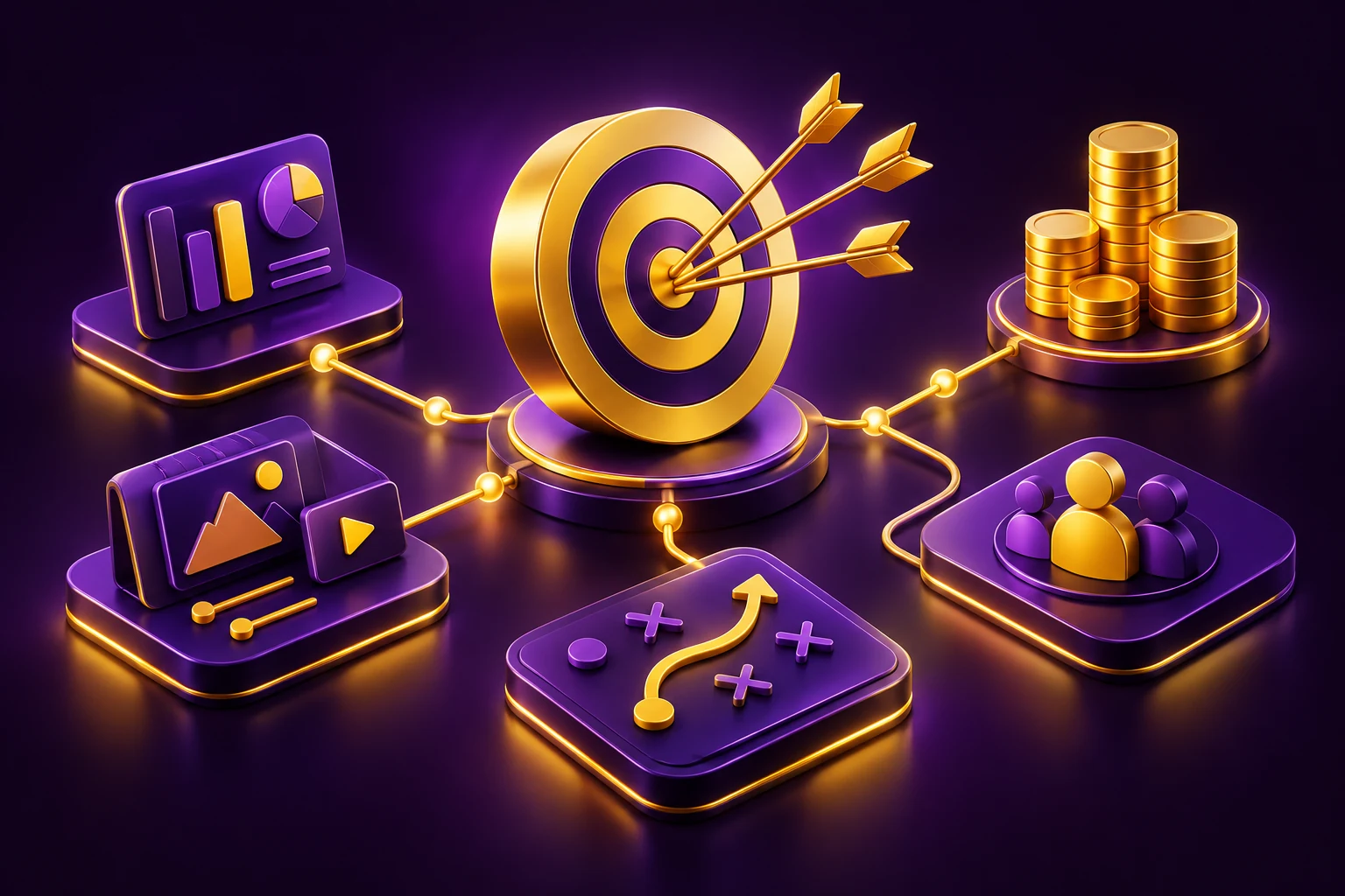 Yellow target, campaign planning tiles and budget coins for PPC campaign strategy