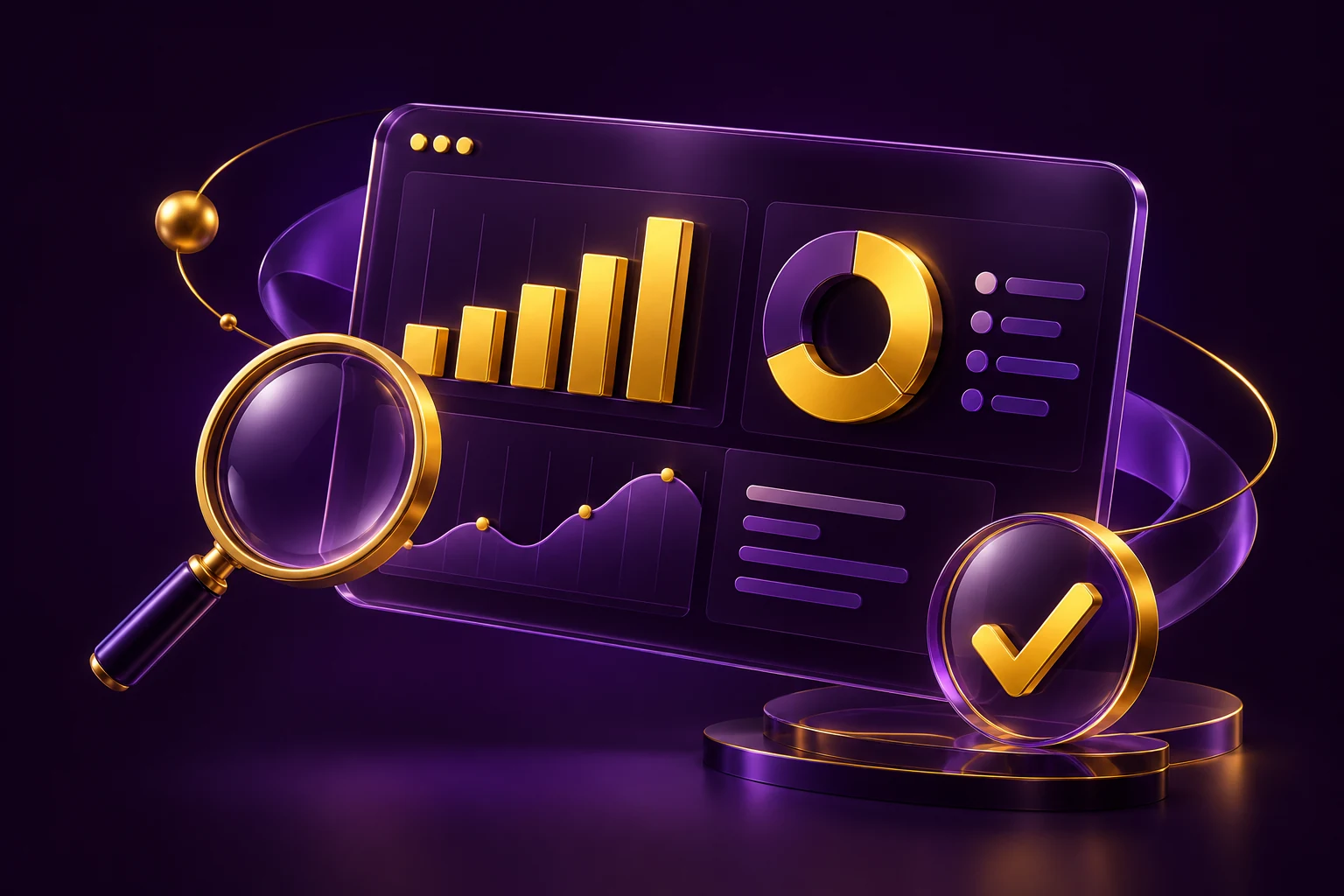 Purple campaign analytics dashboard with yellow charts and a magnifying glass