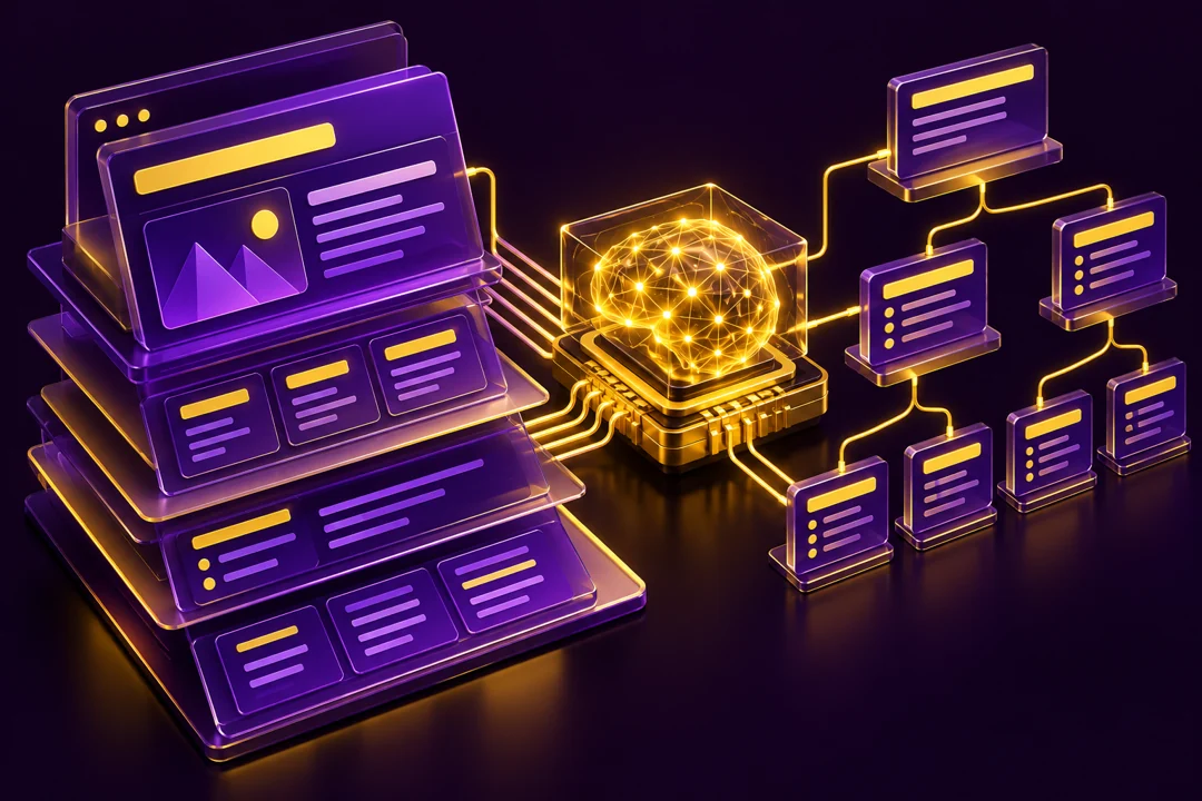 AI Content Structuring illustration in purple and yellow