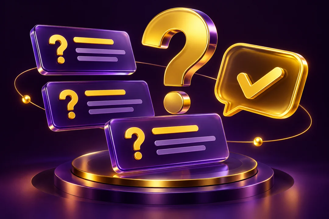 FAQ Optimization illustration in purple and yellow