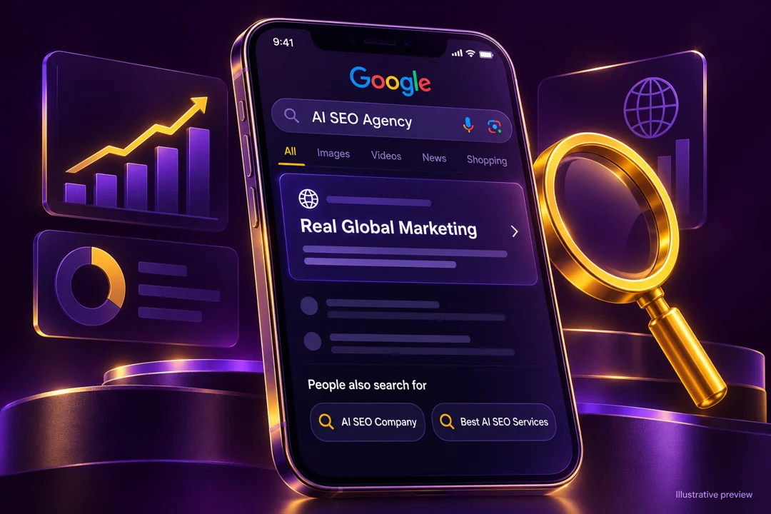 Illustrative AI SEO Agency search preview for Real Global Marketing