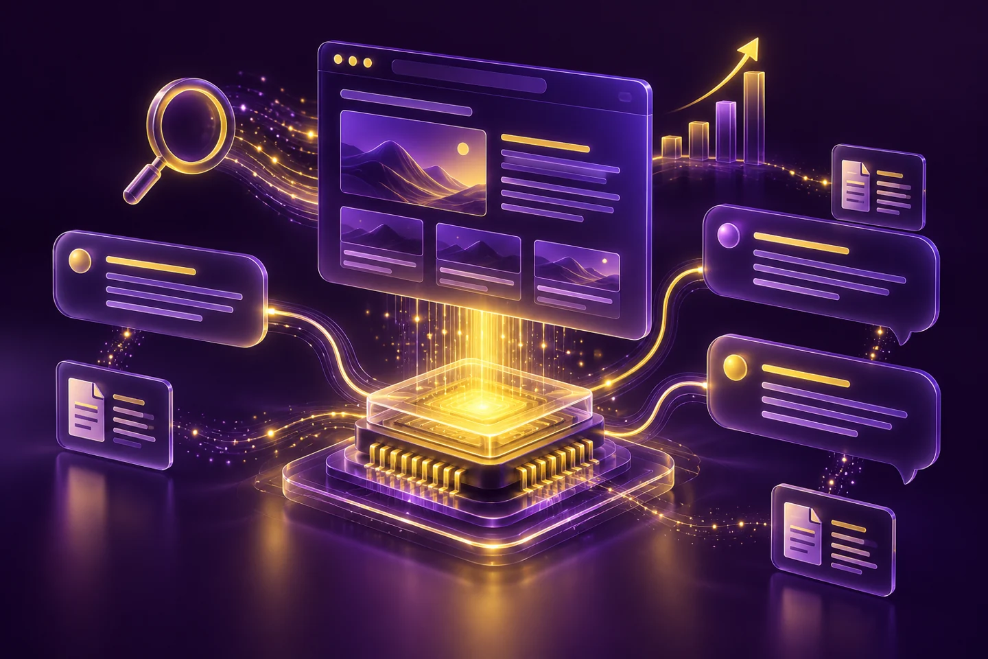 AI-readable website connected to a neural processor, answer bubbles, and citation cards