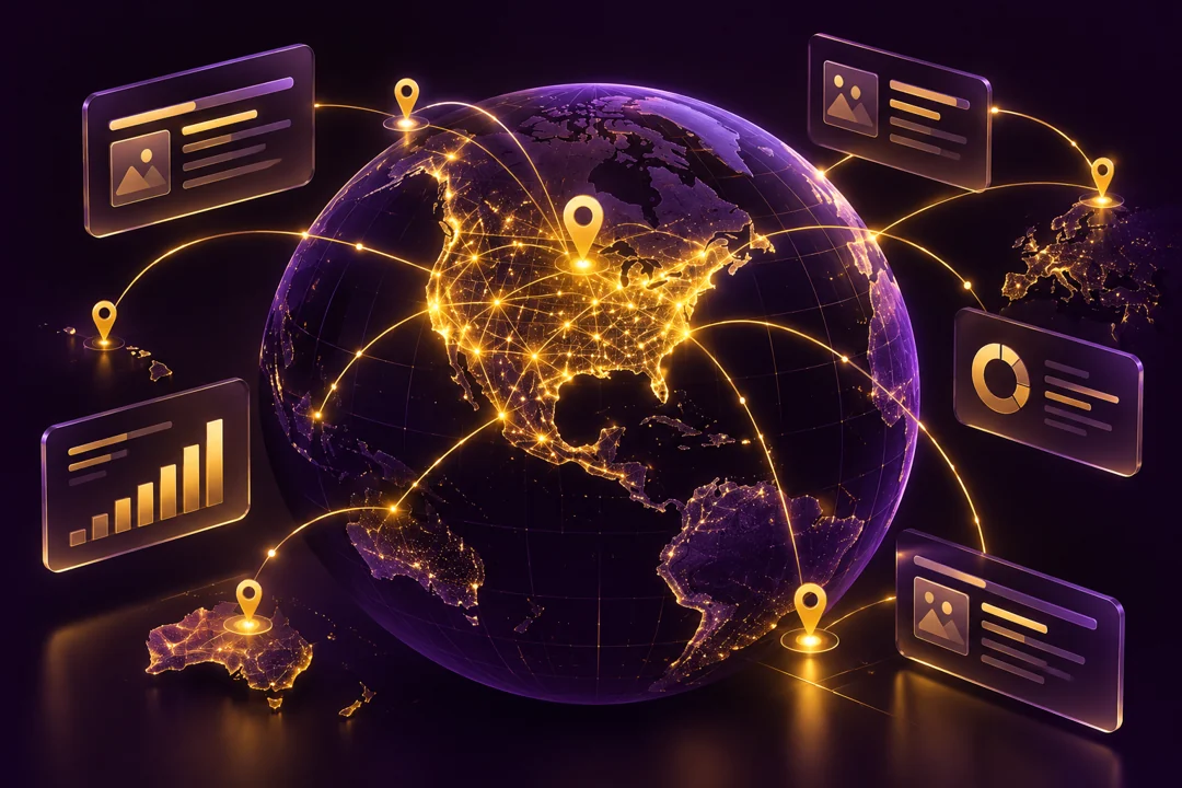 Purple globe with golden North American service network and location pins