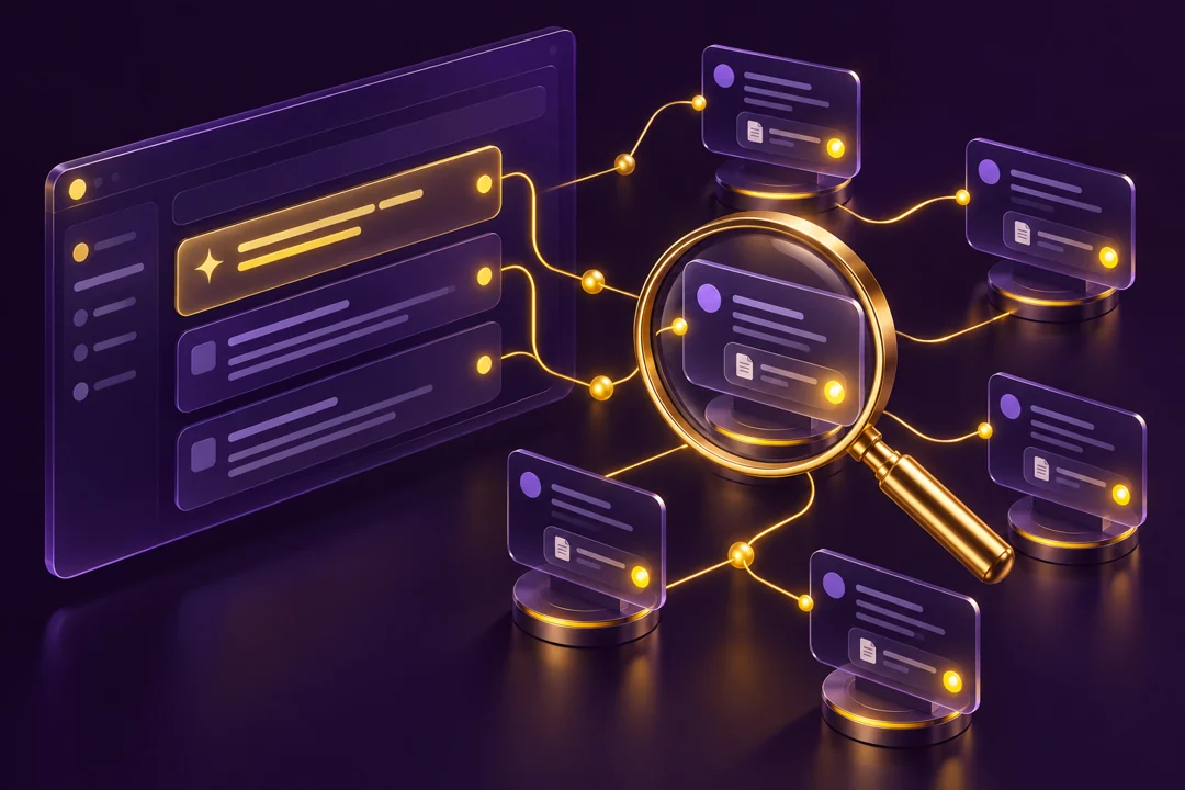 AI Visibility Monitoring illustration in purple and yellow